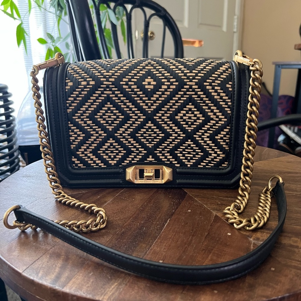Rebecca Minkoff Love Black Tan Gold Woven Raffia Geometric Crossbody Bag Purse
